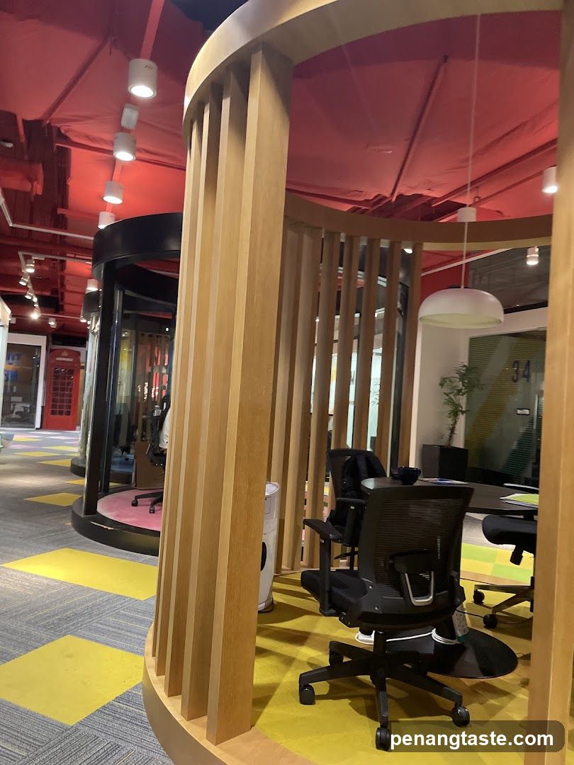 Modern Office Interior with Red Ceiling and Wooden Partitions