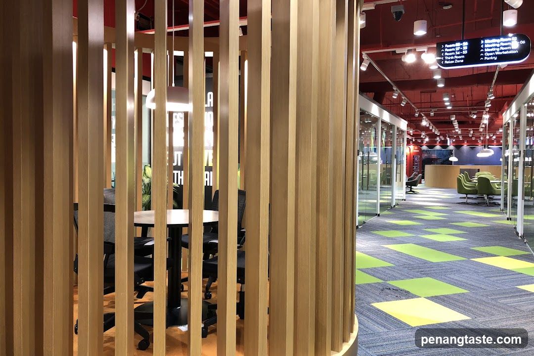 Modern Office Interior with Wooden Slats and Green Carpet Tiles