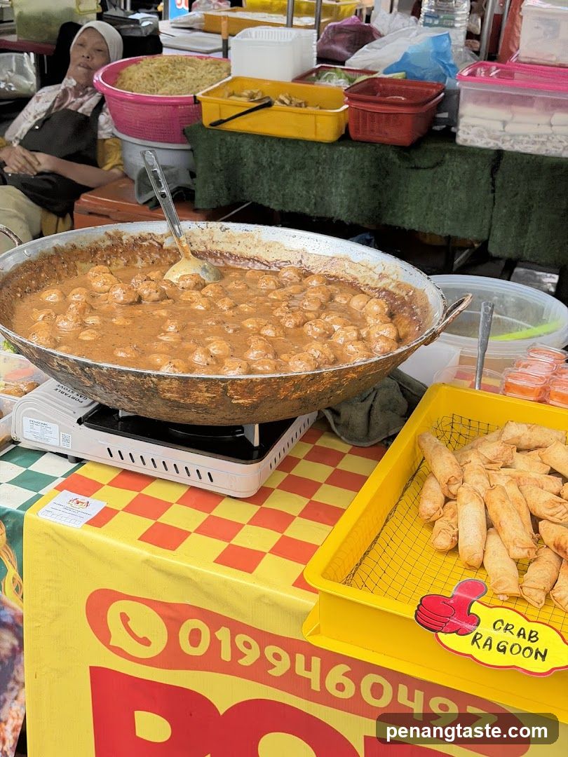 Street Food Stall with Meatballs and Spring Rolls
