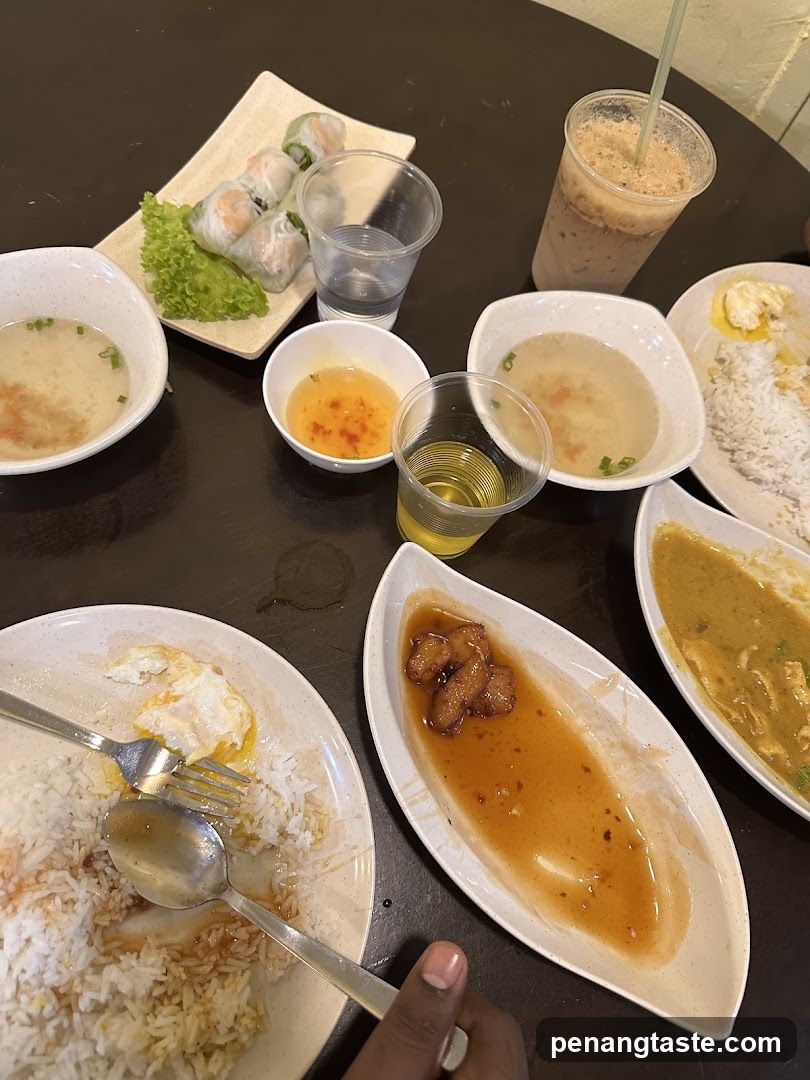 Meal Spread with Spring Rolls and Rice Dishes