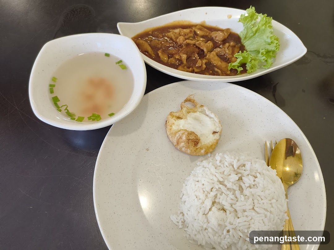 Meal with rice, soup and stir-fry