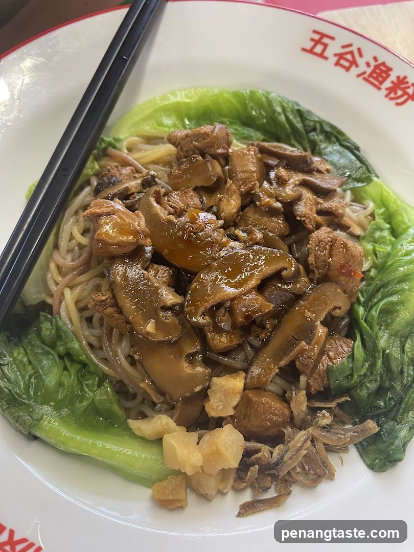 Bowl of Noodles with Meat and Mushrooms