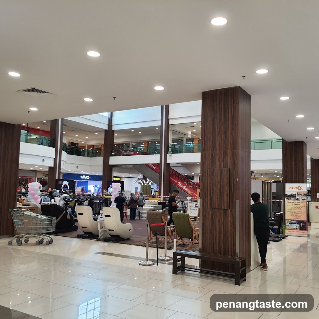 Mall Interior with Seating Area and Shopping Aisle