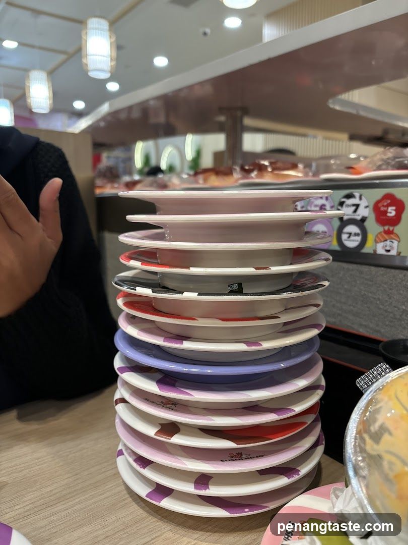 Stack of colorful plates in a restaurant