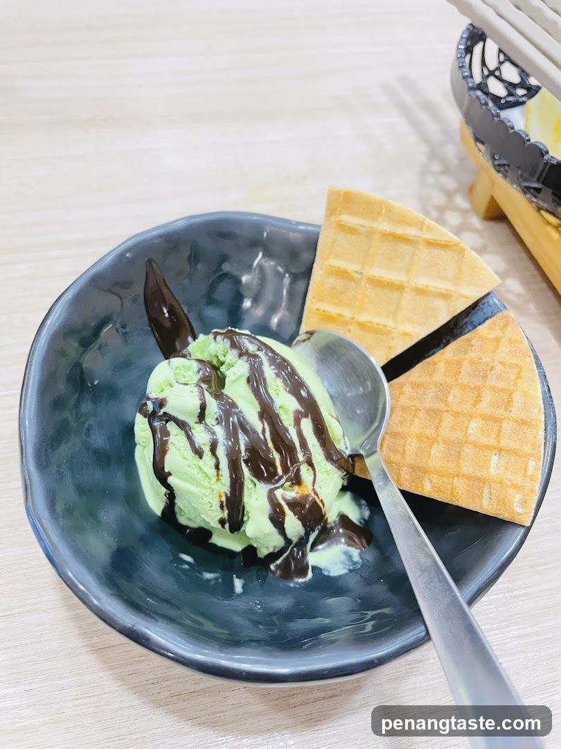 Green Ice Cream with Waffle