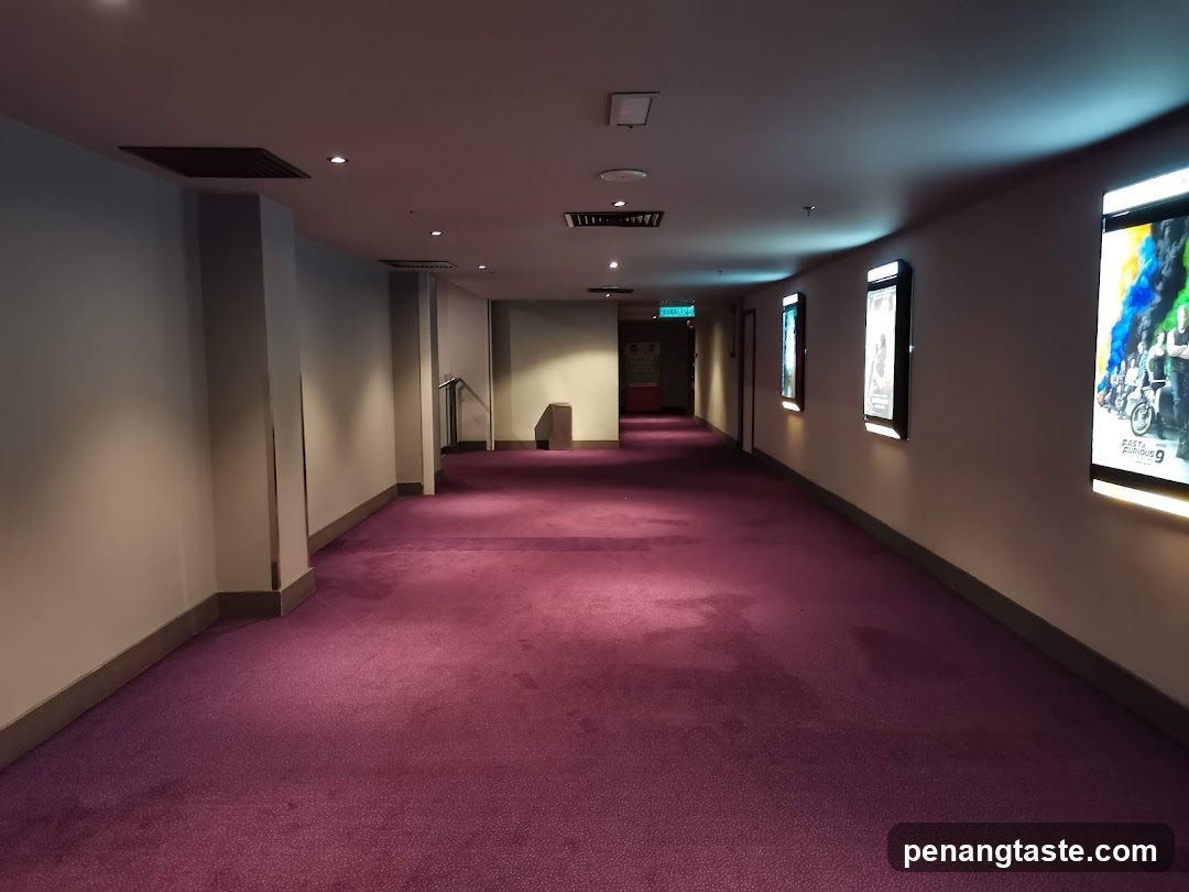 Purple Carpeted Corridor with Movie Posters