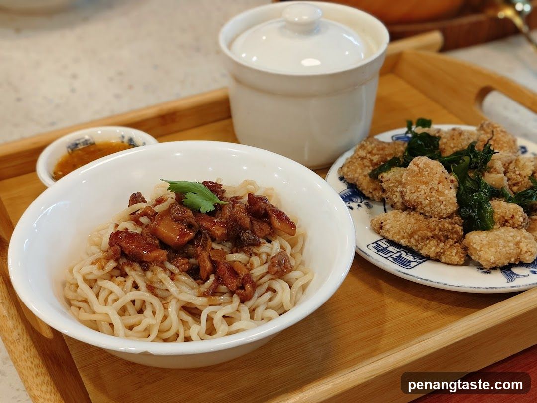 Noodle Meal with Fried Chicken and Tea