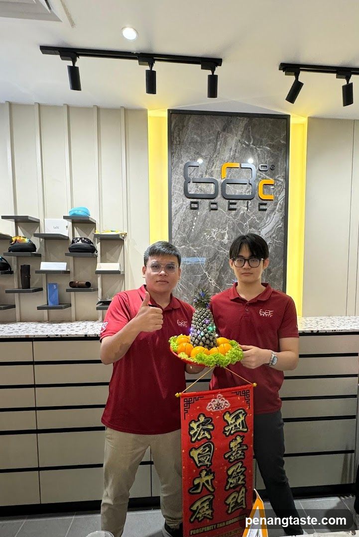 Staff with fruit display and banner