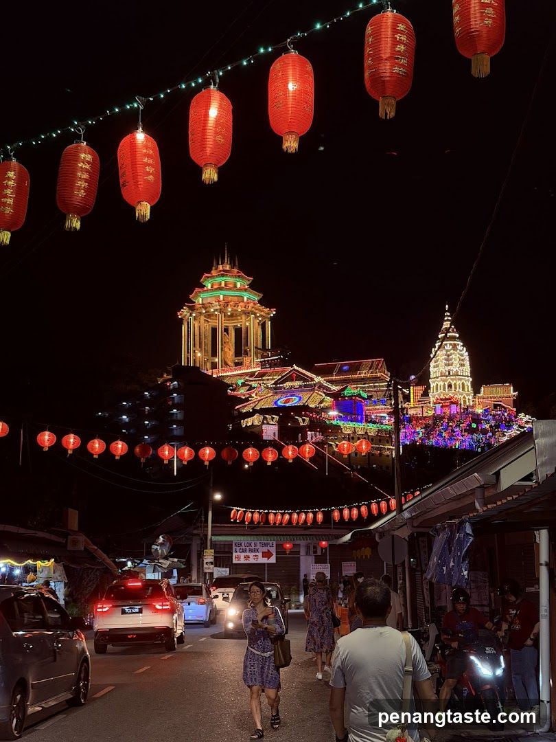 Night Market Street with Lanterns and Temples