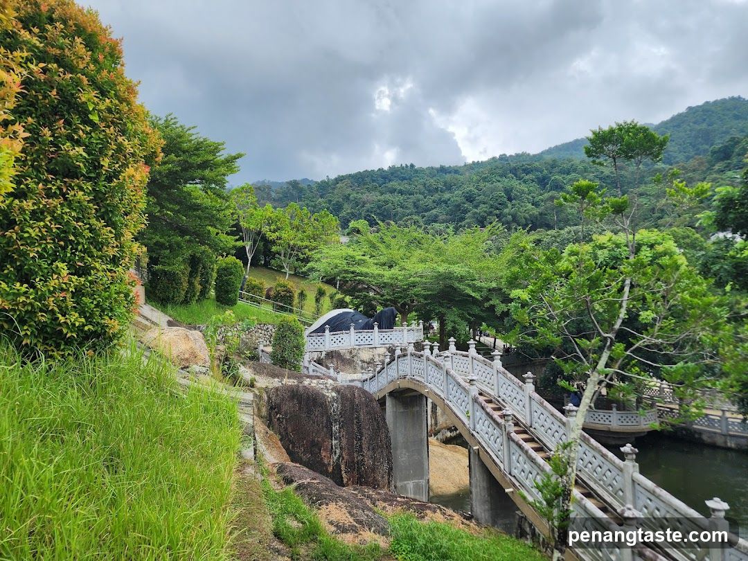 Lush Garden with Stone Bridge