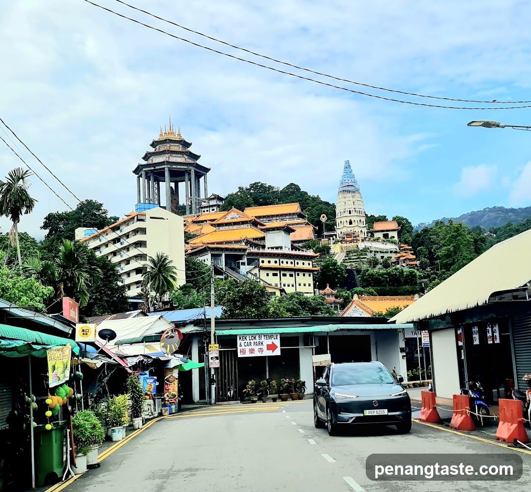 Street scene with temple and market stalls