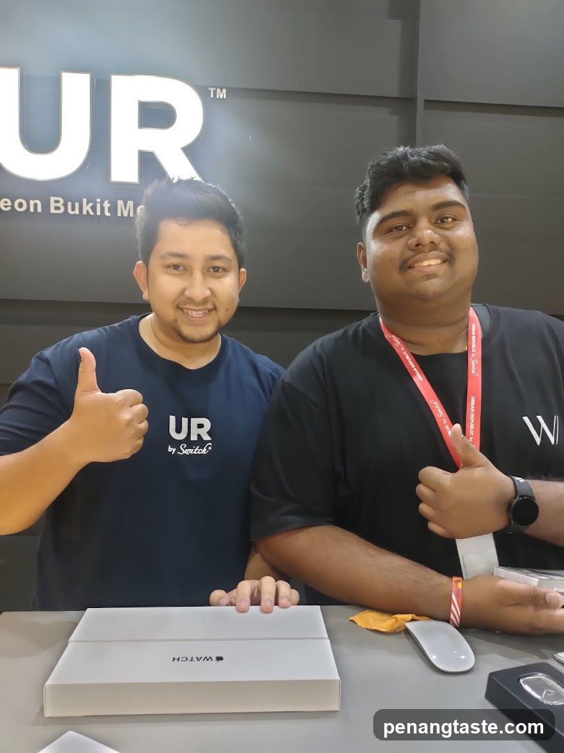 Two men with products at a counter
