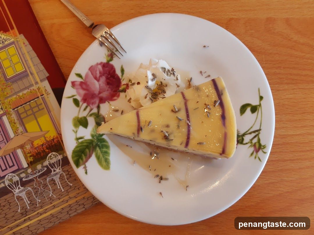 Cheesecake with garnish on floral plate