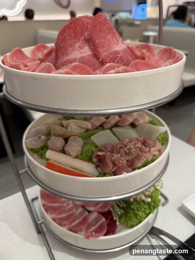 Three-tiered hot pot ingredients display