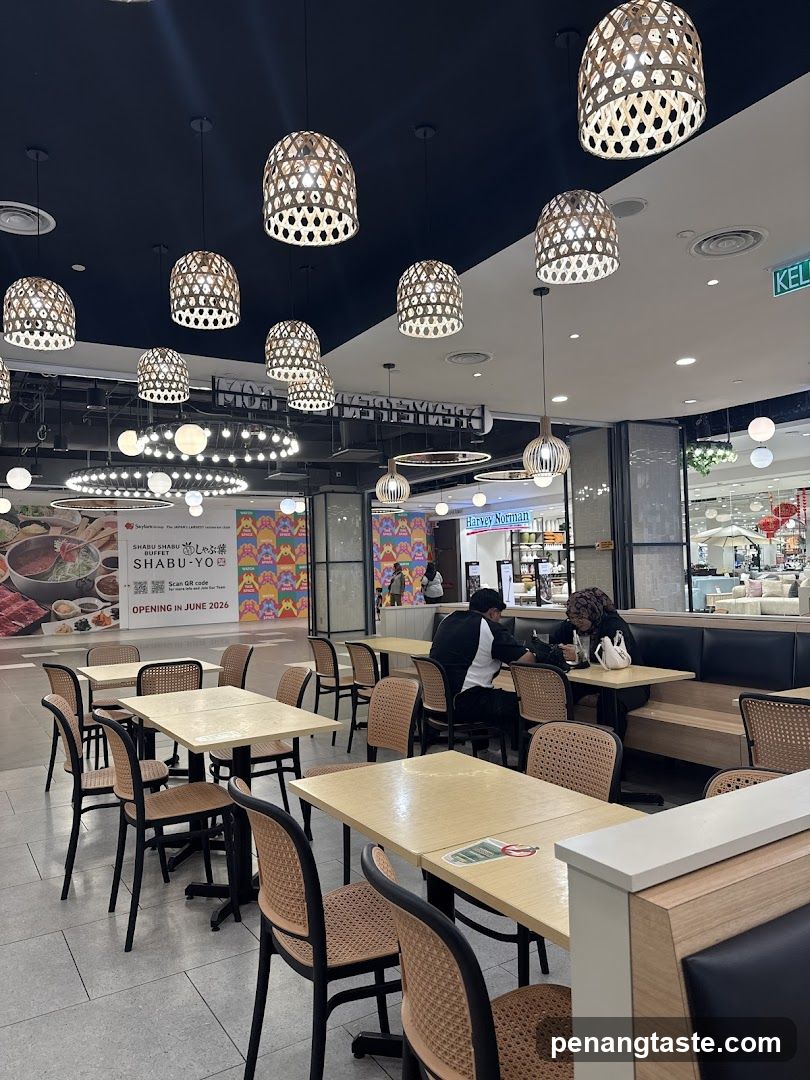 Restaurant Interior with Hanging Lights and Seating Area