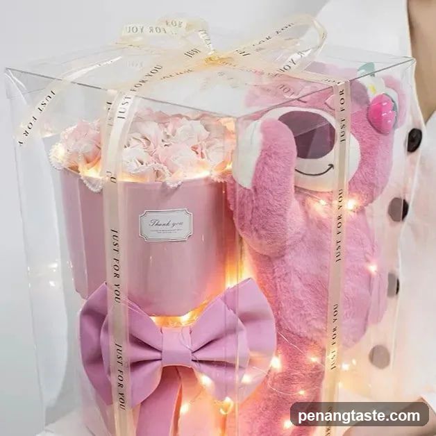 Pink Gift Box with Plush Toy and Flowers