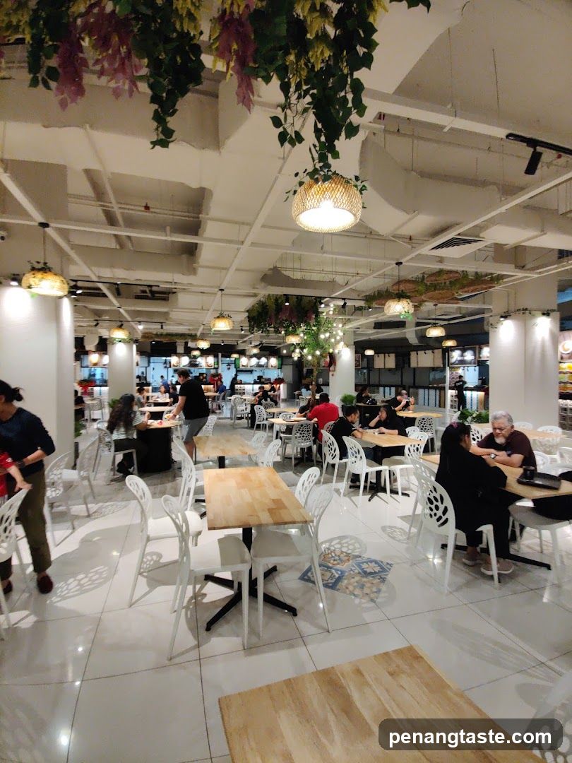 Restaurant Interior with Hanging Plants and Lighting