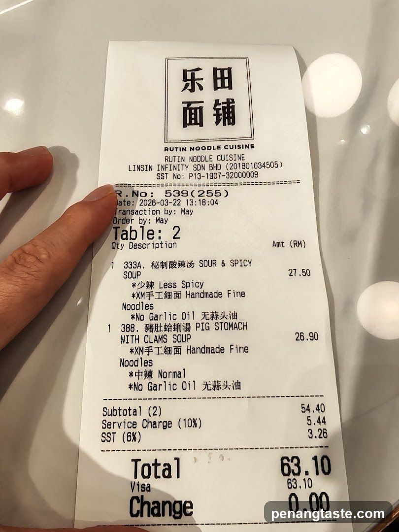 Receipt from Rutin Noodle Cuisine