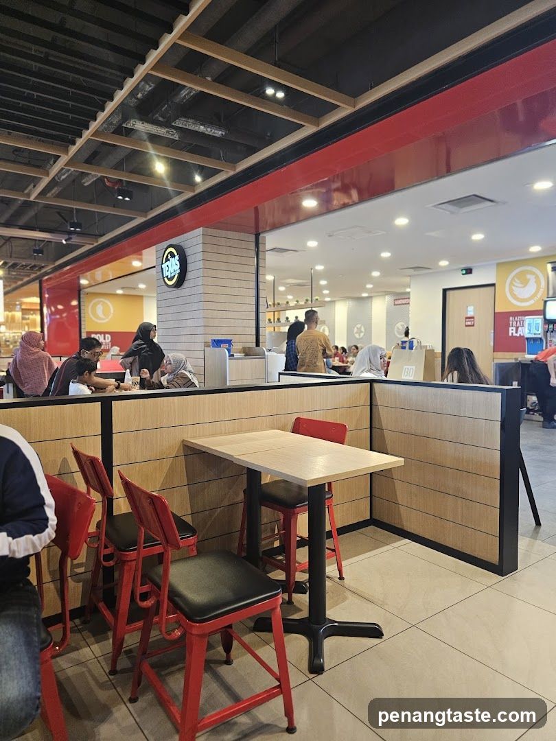 Restaurant Interior with Red Chairs and Tables