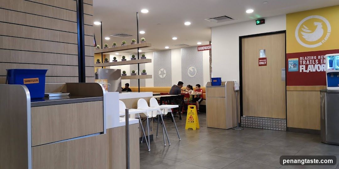 Restaurant Interior with Sanitizer Station and Seating Area