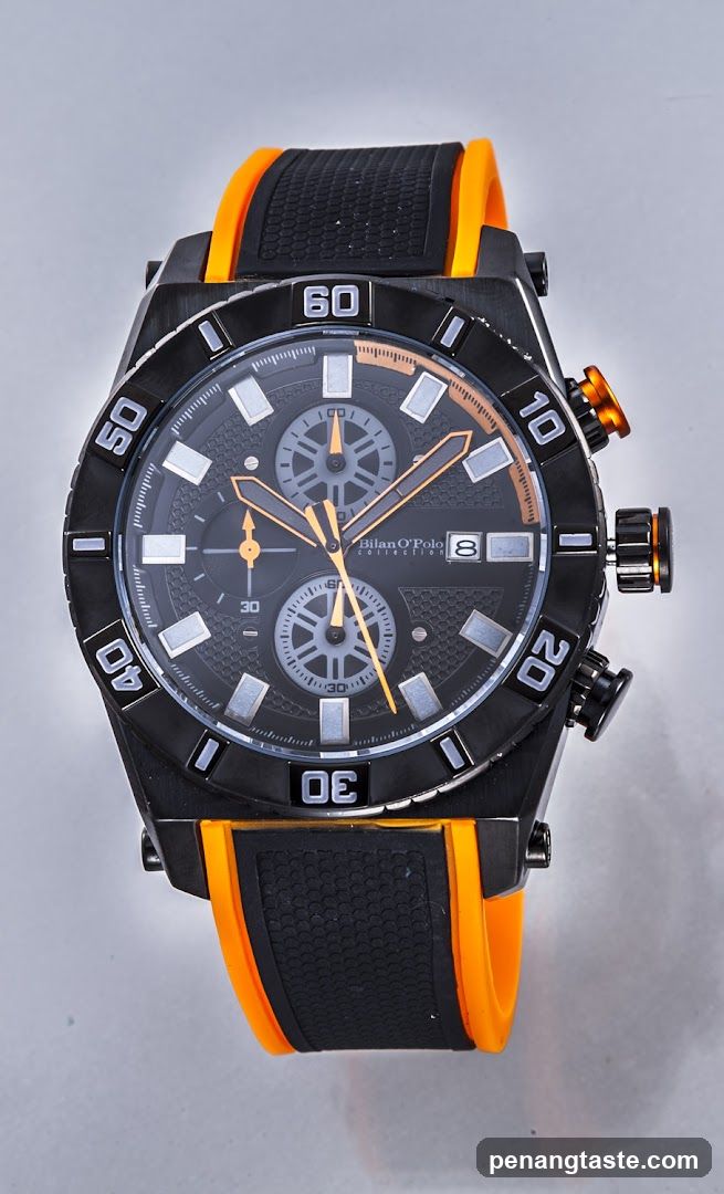 Chronograph Watch with Orange and Black Strap