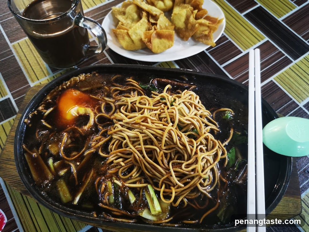 Noodle Dish with Fried Dough and Coffee