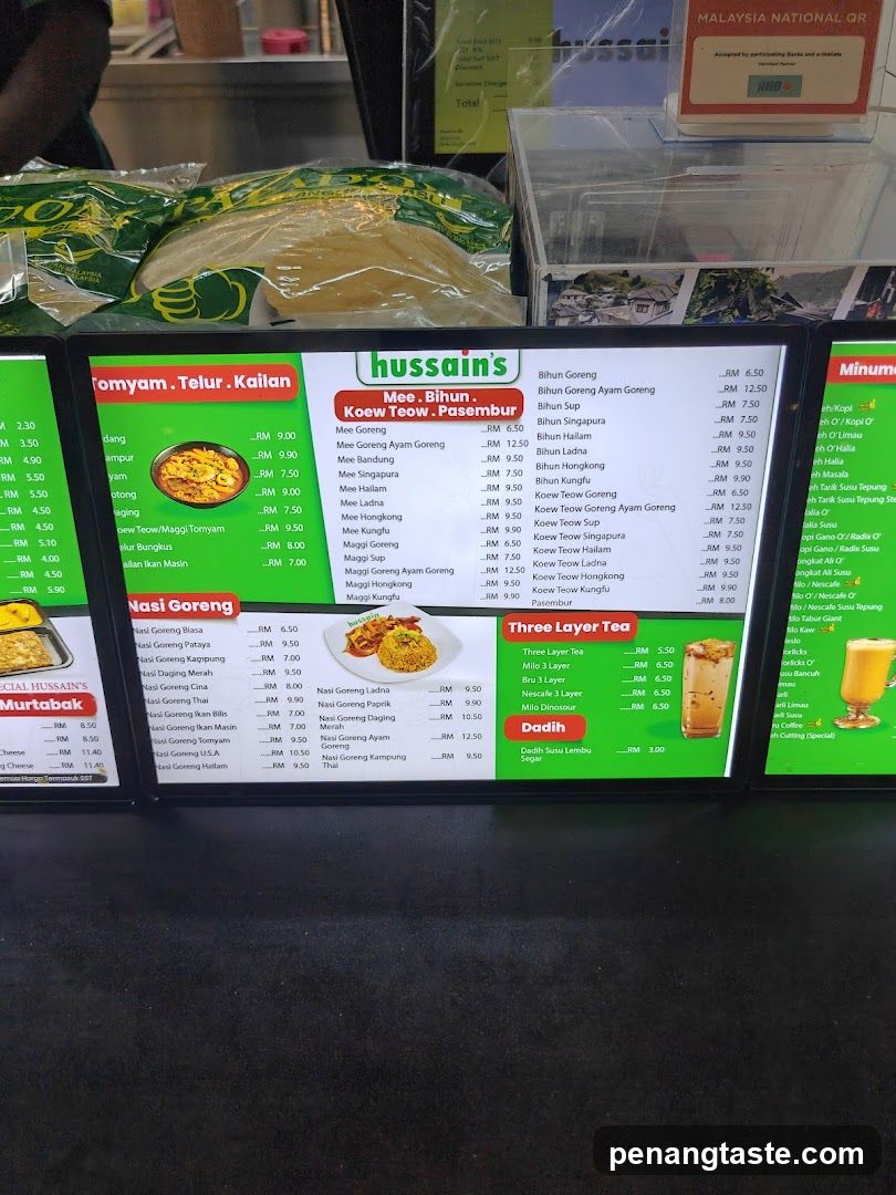 Hussain's Mee, Penang Menu Board