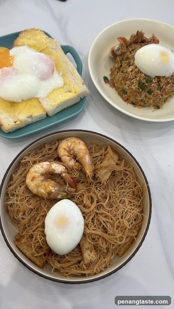 Food Spread with Noodles, Fried Rice, and Toast