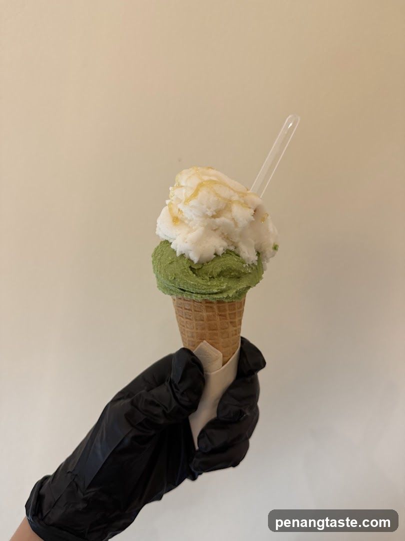 Matcha and Vanilla Ice Cream Cone