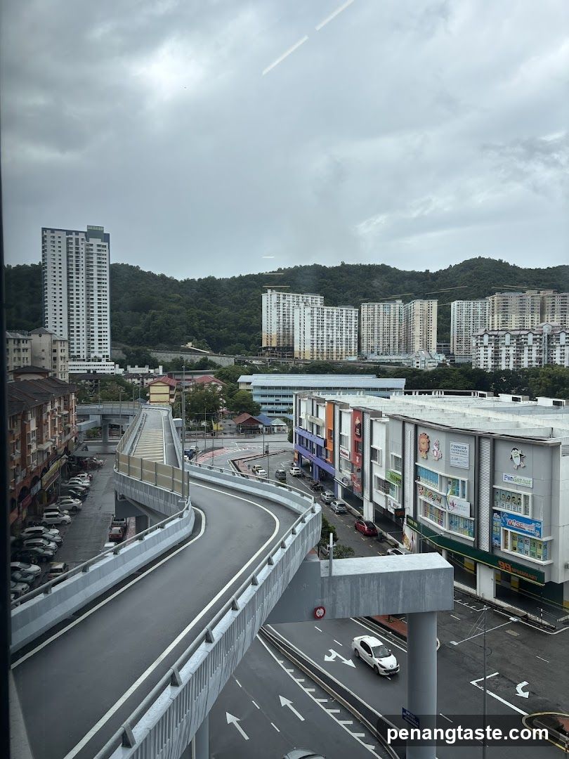 Urban street view with elevated walkway and high-rise buildings