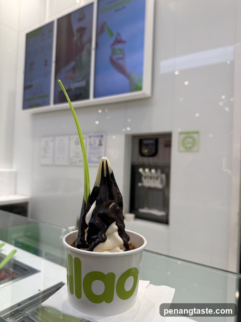 Ice cream cup with chocolate drizzle and mint garnish