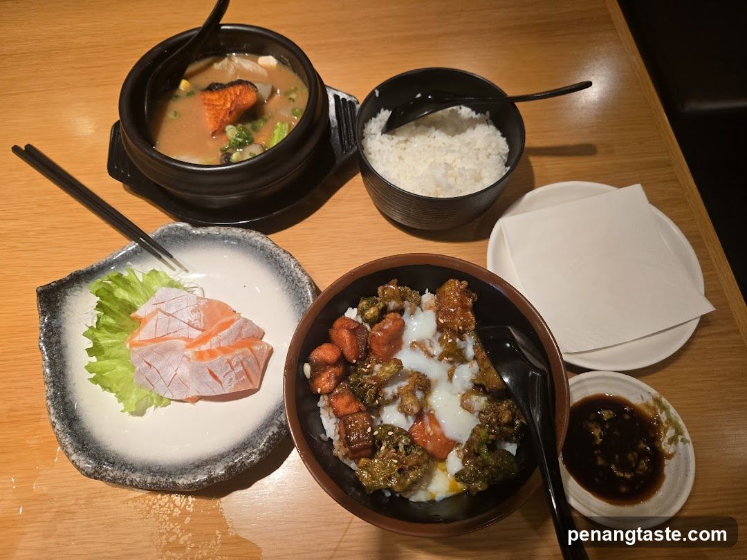 Korean-style meal spread on wooden table
