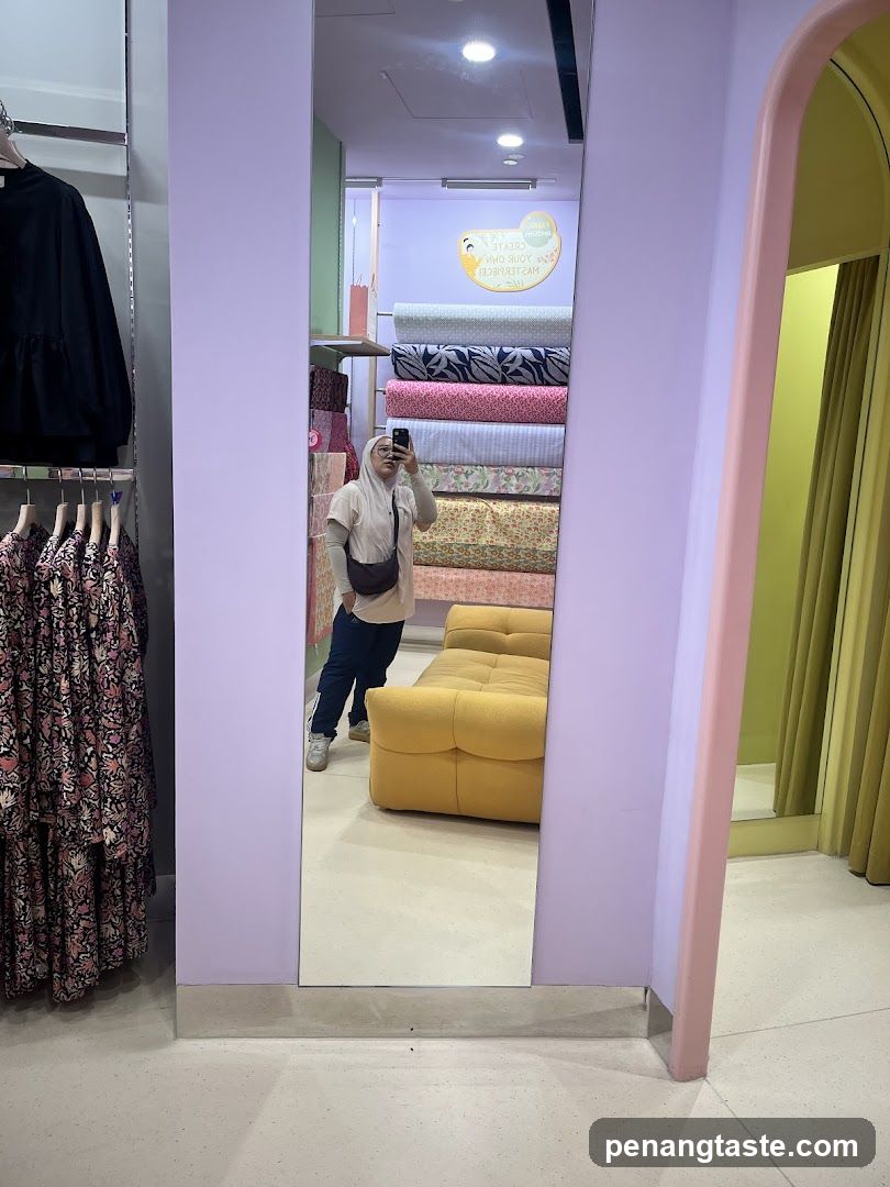 Interior of a fabric store with mirror selfie