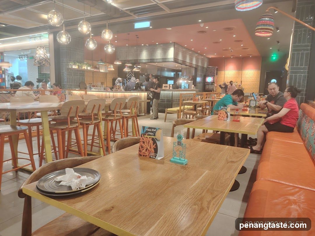 Restaurant Interior with Wooden Tables and Seating Area
