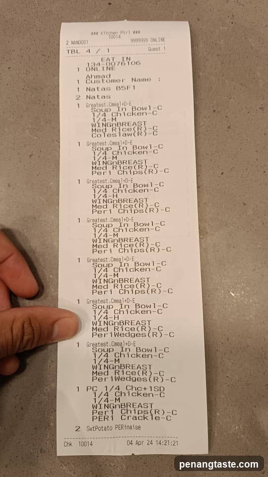 Receipt of a meal at Natas B5F1