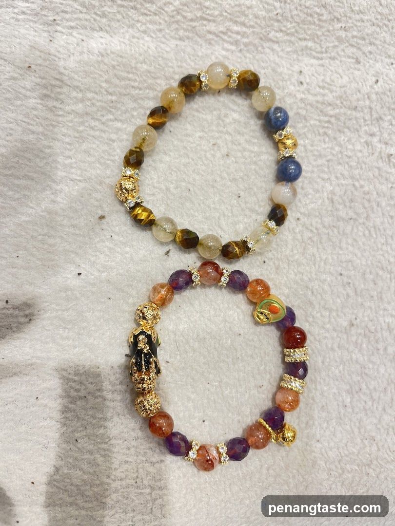 beaded bracelets on white fabric