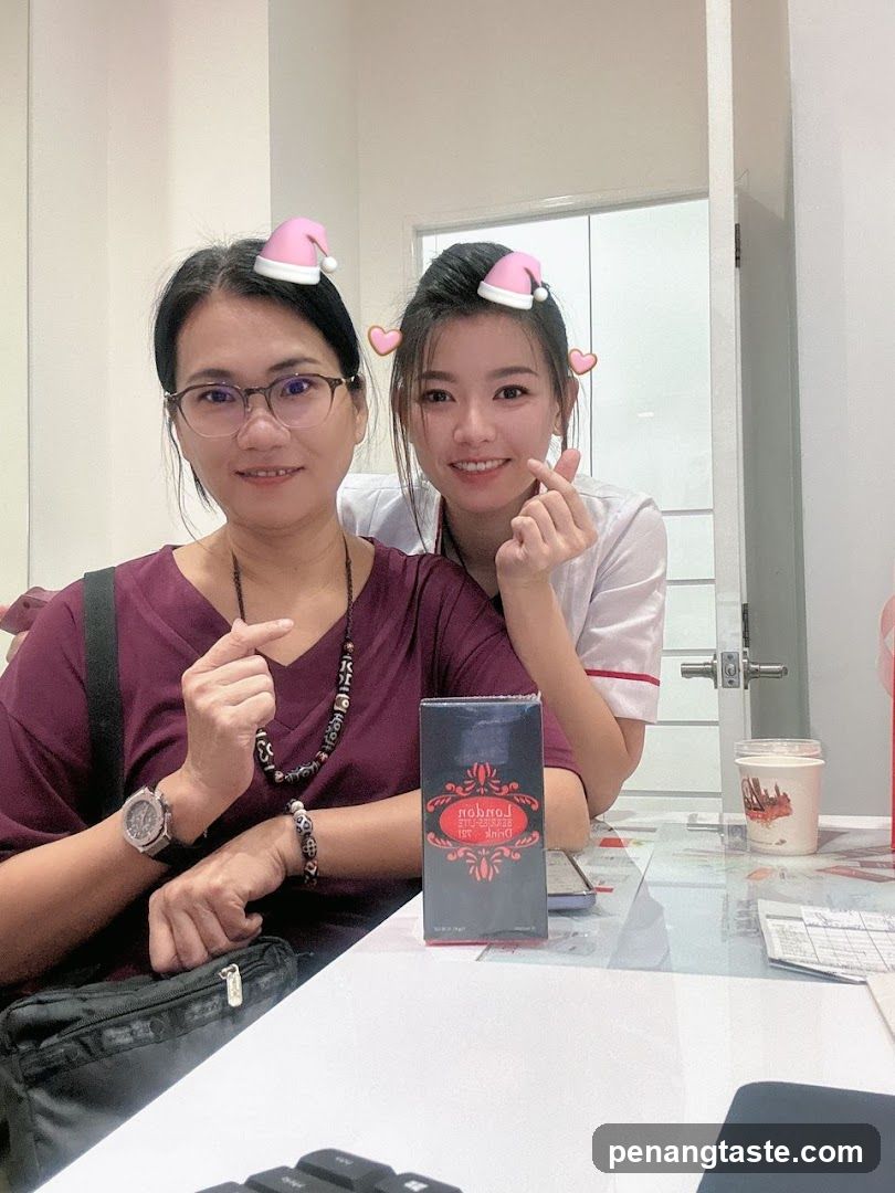 Christmas-themed photo with staff and product display