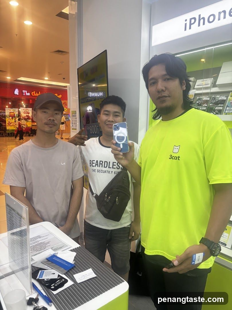 Three men in a store interior