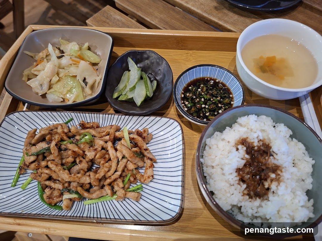 Japanese-style meal on wooden tray