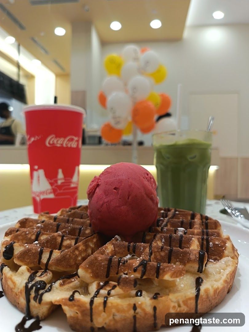 Waffle with Ice Cream and Drinks