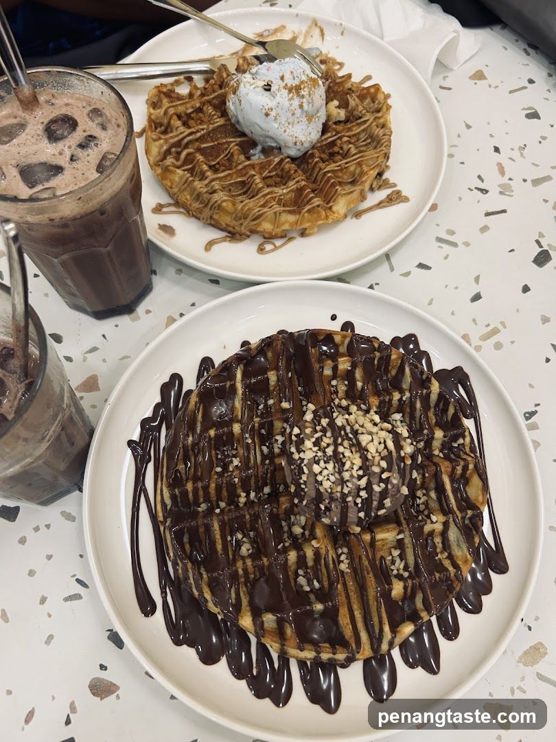 Waffles with Ice Cream and Chocolate Drizzle