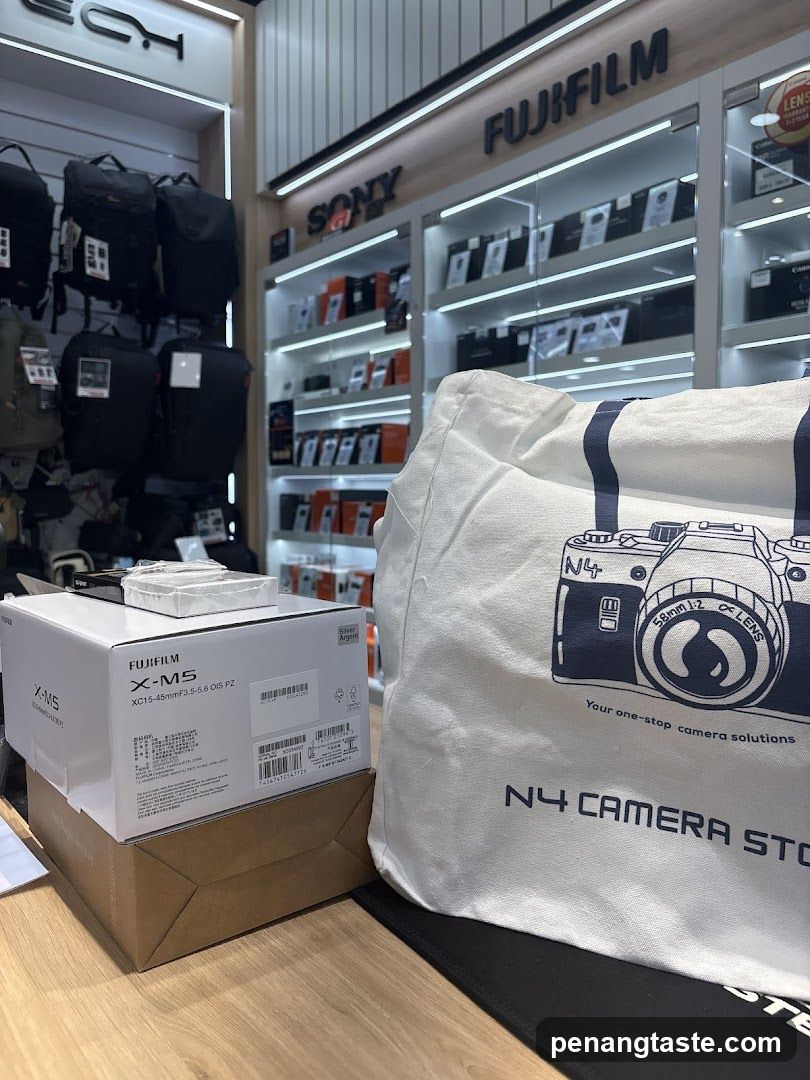 Camera Store Interior with Fujifilm X-M5 Box and Tote Bag