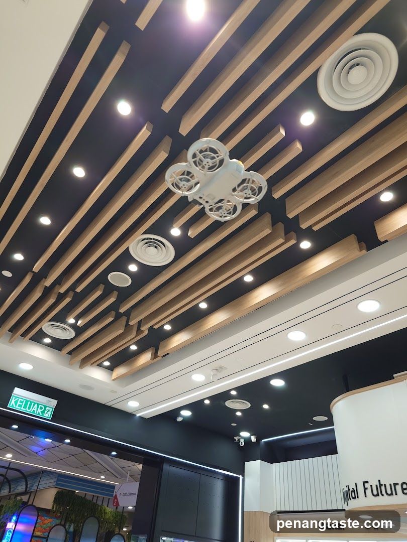 Interior Ceiling Design with Wooden Panels and Lighting