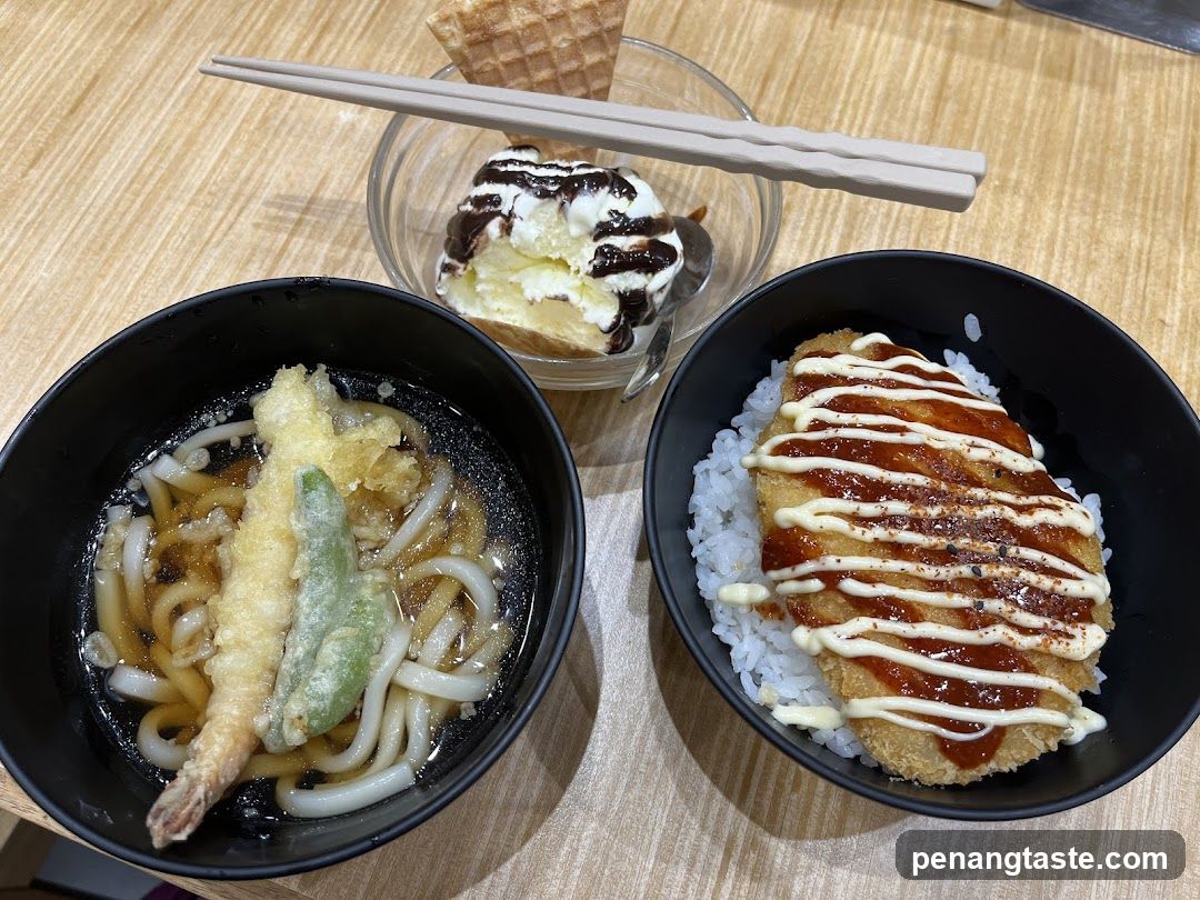 Japanese Meal Set with Udon, Katsu, and Ice Cream