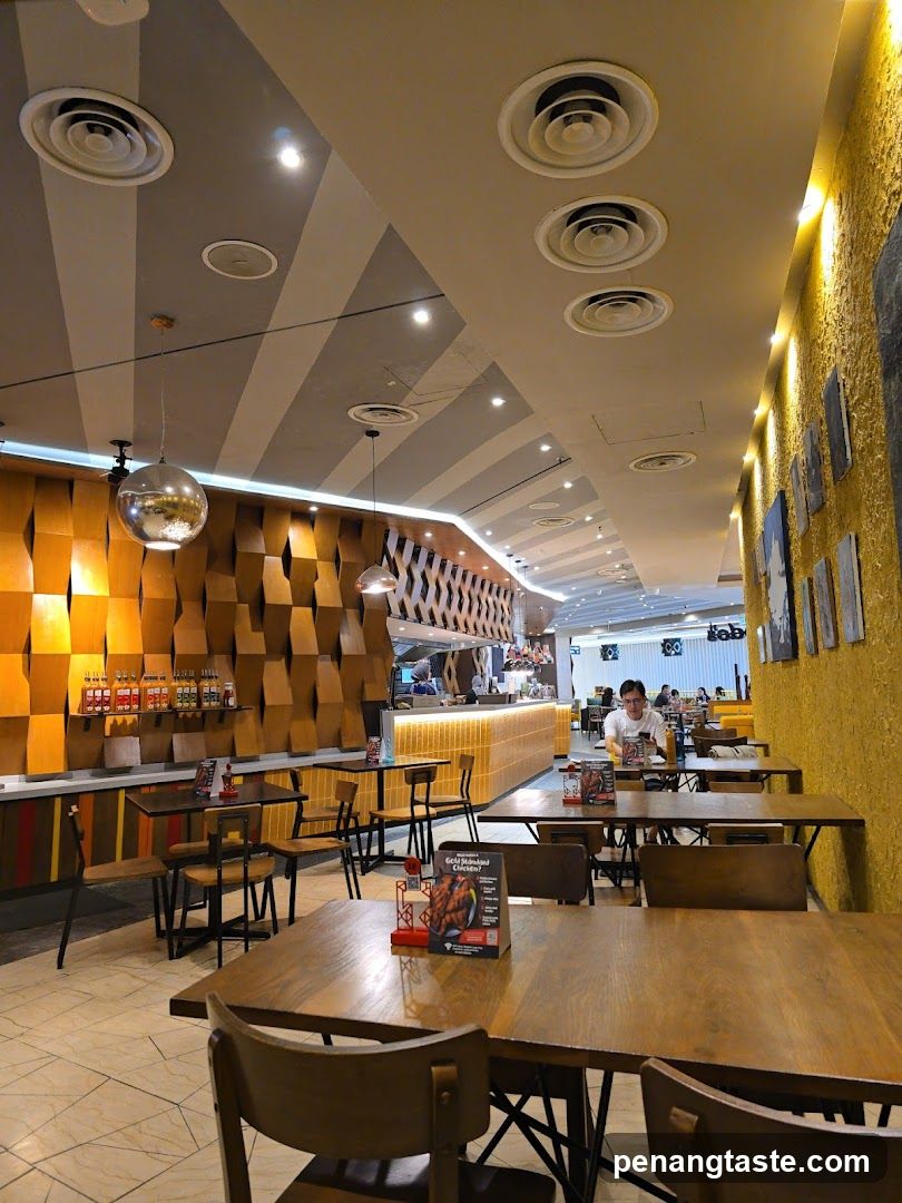 Restaurant Interior with Wooden Tables and Decorative Walls