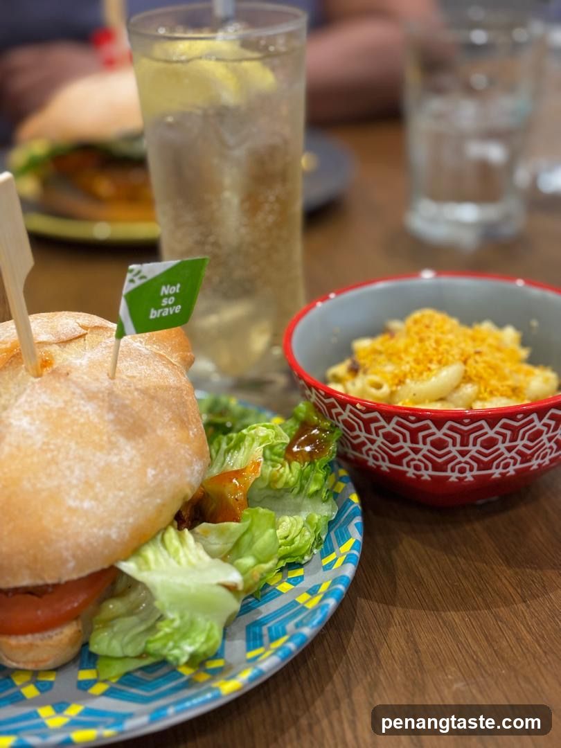 Food Table Setting with Burger and Macaroni Salad