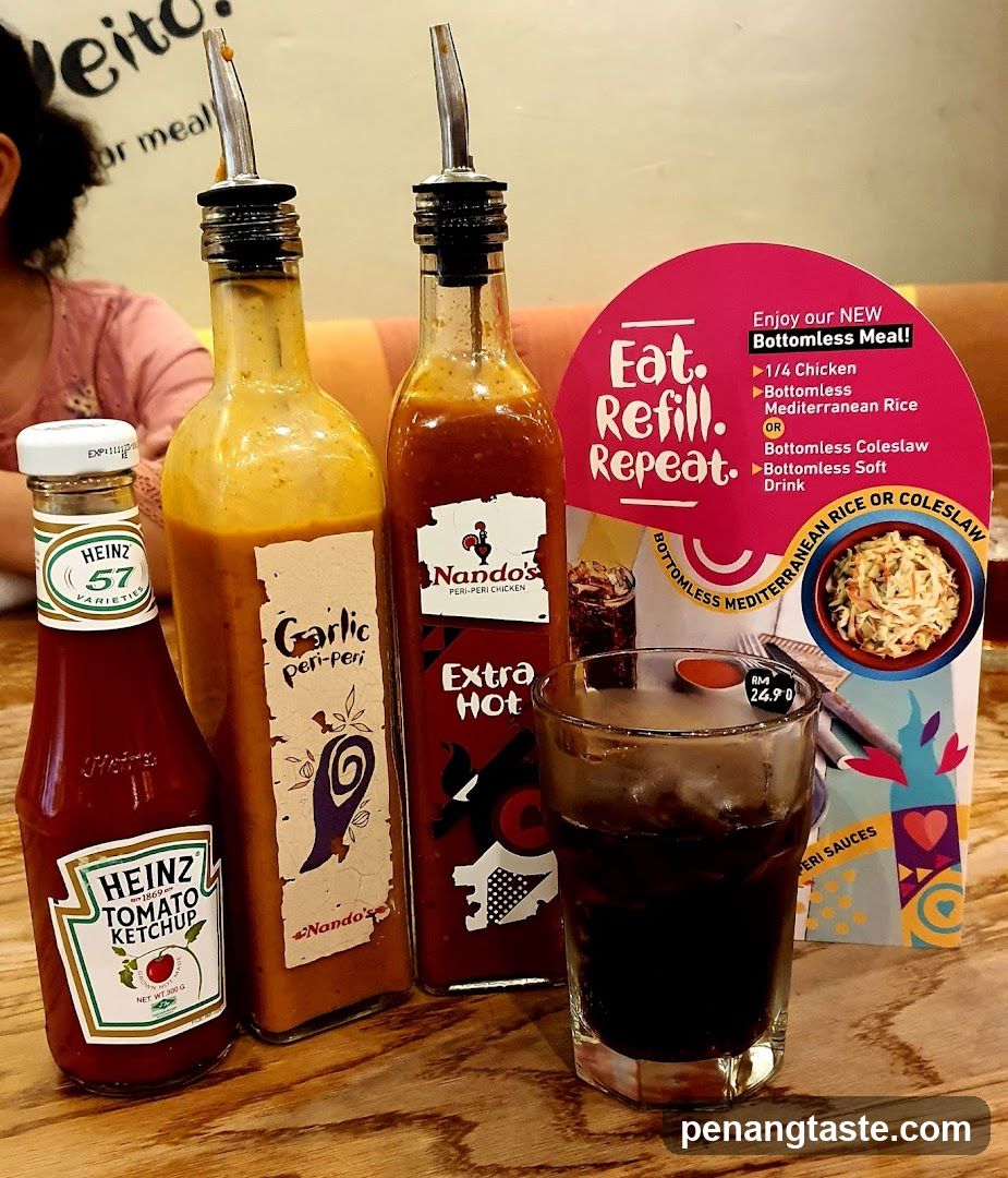 Nando's condiments and menu display