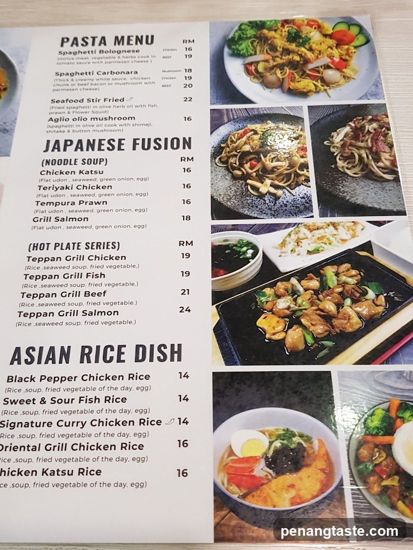 Restaurant Menu with Pasta, Japanese Fusion, and Asian Rice Dishes