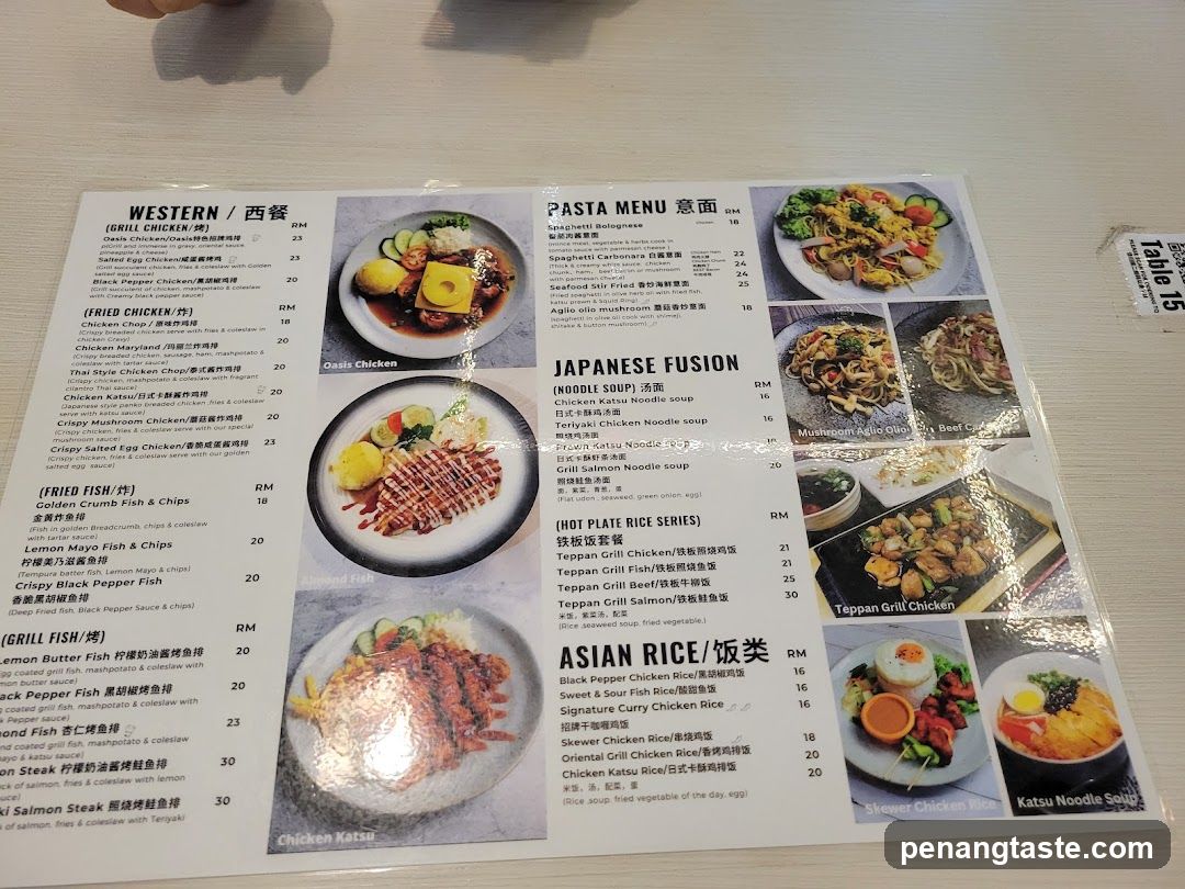 Restaurant Menu with Western, Pasta, Japanese Fusion, and Asian Rice sections
