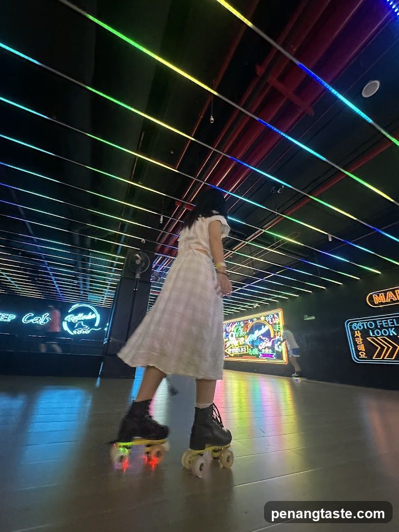 Roller Skating in Neon-Lit Interior